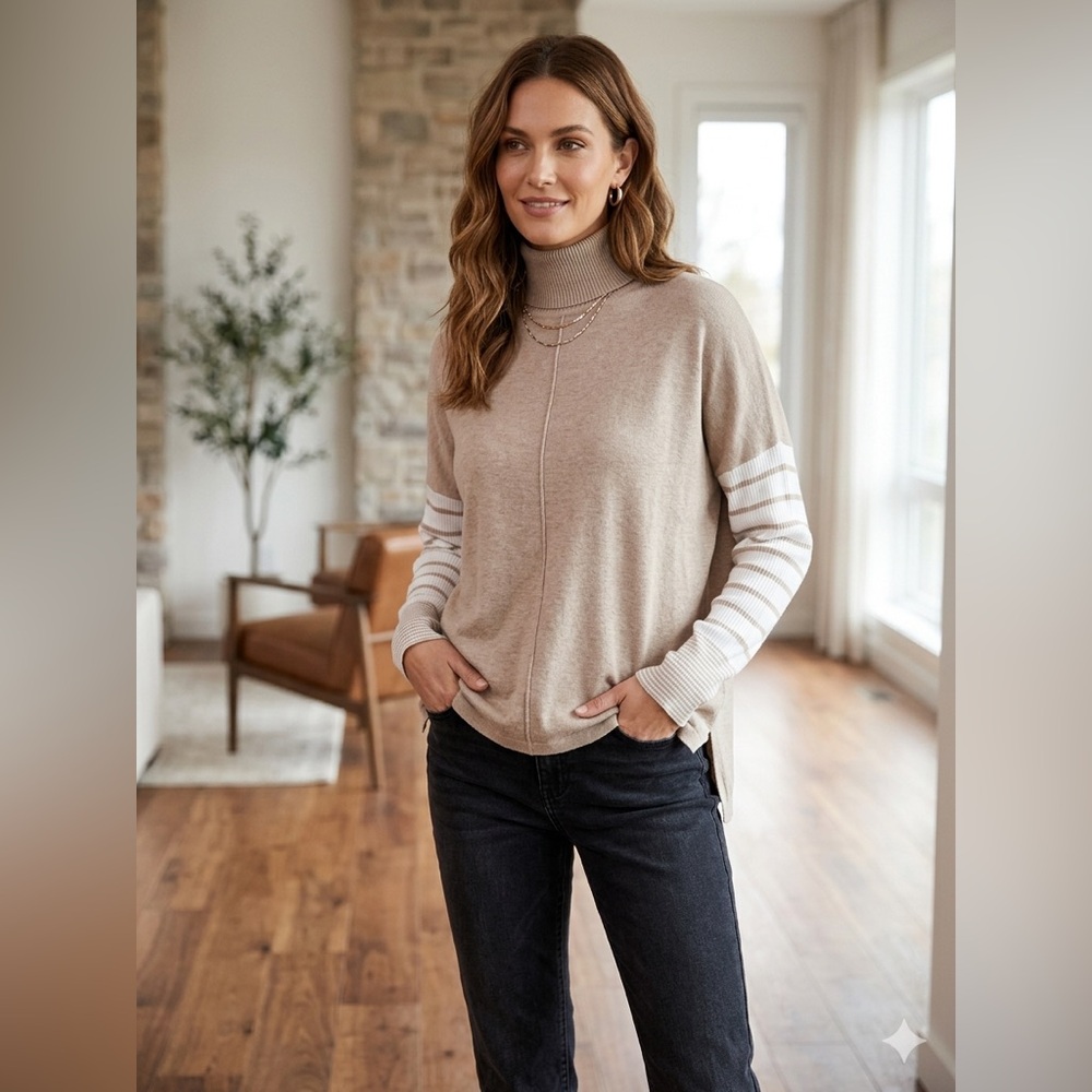 SIZE SMALL Jones New York® Mock Neck Oversized Sweater with Striped Sleeves